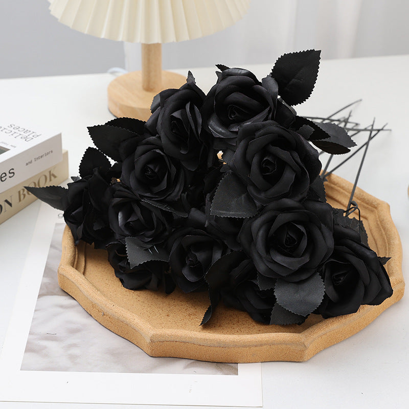 5 Stems Artificial Black Roses, 15" Tall Faux Gothic Flowers, Moody & Realistic for Halloween Decor, DIY Wedding Bouquets, Dark Home Decor