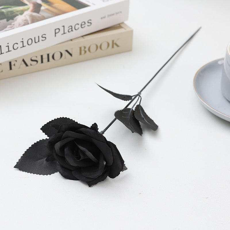 5 Stems Artificial Black Roses, 15" Tall Faux Gothic Flowers, Moody & Realistic for Halloween Decor, DIY Wedding Bouquets, Dark Home Decor