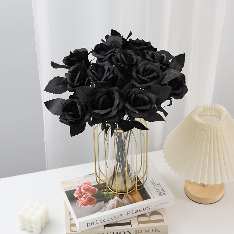 5 Stems Artificial Black Roses, 15" Tall Faux Gothic Flowers, Moody & Realistic for Halloween Decor, DIY Wedding Bouquets, Dark Home Decor