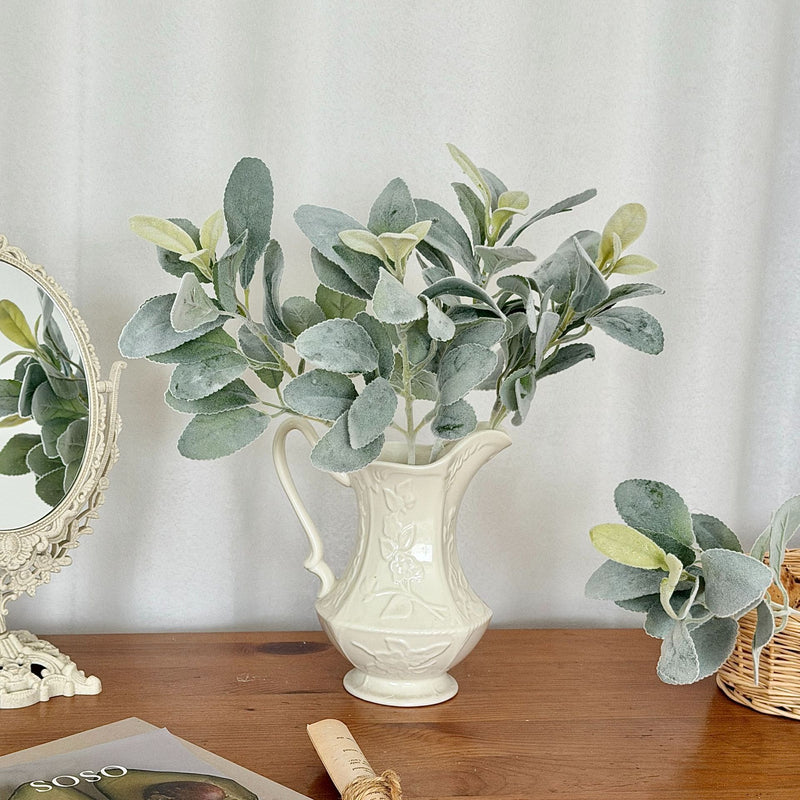 Flocked Lamb's Ear Stem, 15" Dusty Sage Greenery, Soft Velvet Bunny Ear Leaf, Realistic Faux Plant for DIY Wedding Bouquets & Home Decor