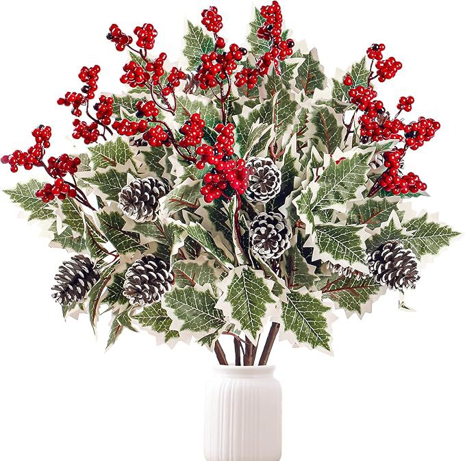 2-Pack Red Berry & Pinecone Picks, 16" Artificial Winter Stems, Realistic Frosted Greenery for Christmas Decor, Holiday Vase Filler, DIY Wedding
