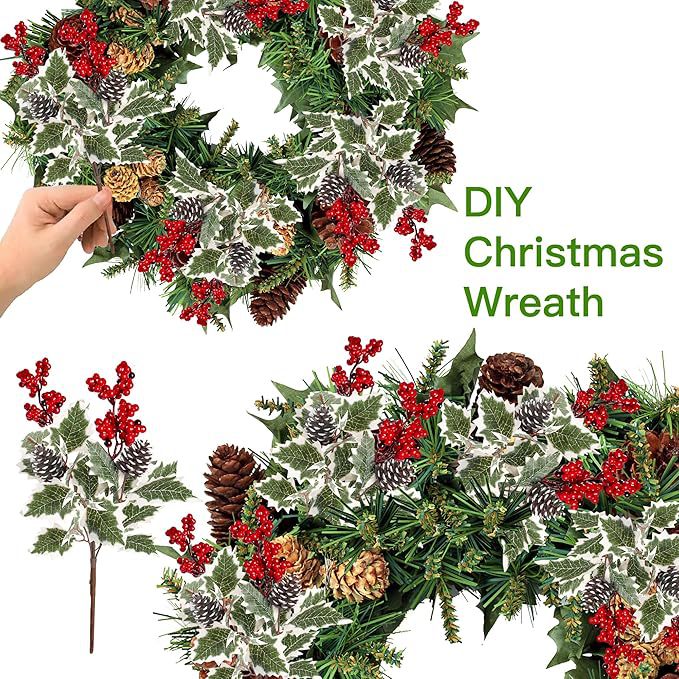 2-Pack Red Berry & Pinecone Picks, 16" Artificial Winter Stems, Realistic Frosted Greenery for Christmas Decor, Holiday Vase Filler, DIY Wedding