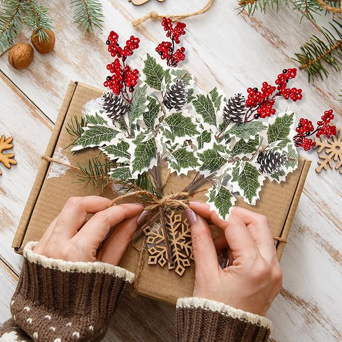 2-Pack Red Berry & Pinecone Picks, 16" Artificial Winter Stems, Realistic Frosted Greenery for Christmas Decor, Holiday Vase Filler, DIY Wedding