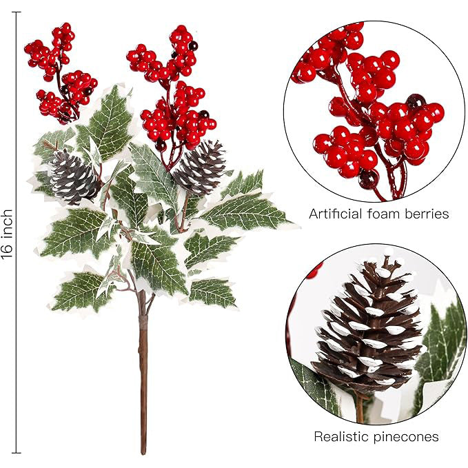 2-Pack Red Berry & Pinecone Picks, 16" Artificial Winter Stems, Realistic Frosted Greenery for Christmas Decor, Holiday Vase Filler, DIY Wedding