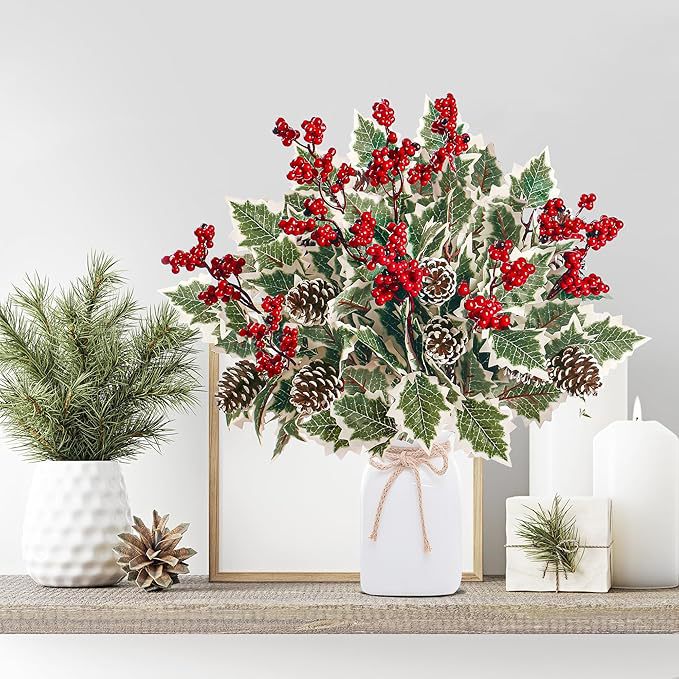 2-Pack Red Berry & Pinecone Picks, 16" Artificial Winter Stems, Realistic Frosted Greenery for Christmas Decor, Holiday Vase Filler, DIY Wedding