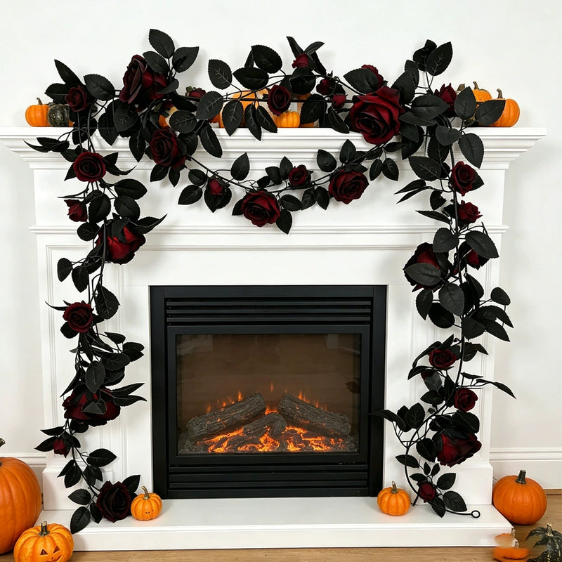 Moody Black Rose Garland, 79-Inch Gothic Floral Vine, Realistic Faux Flowers for Halloween Mantel, Dark Wedding Arch, Spooky Home Decor