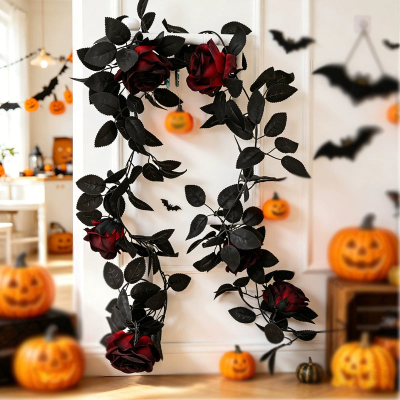 Moody Black Rose Garland, 79-Inch Gothic Floral Vine, Realistic Faux Flowers for Halloween Mantel, Dark Wedding Arch, Spooky Home Decor