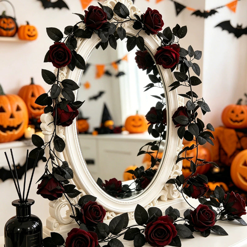 Moody Black Rose Garland, 79-Inch Gothic Floral Vine, Realistic Faux Flowers for Halloween Mantel, Dark Wedding Arch, Spooky Home Decor