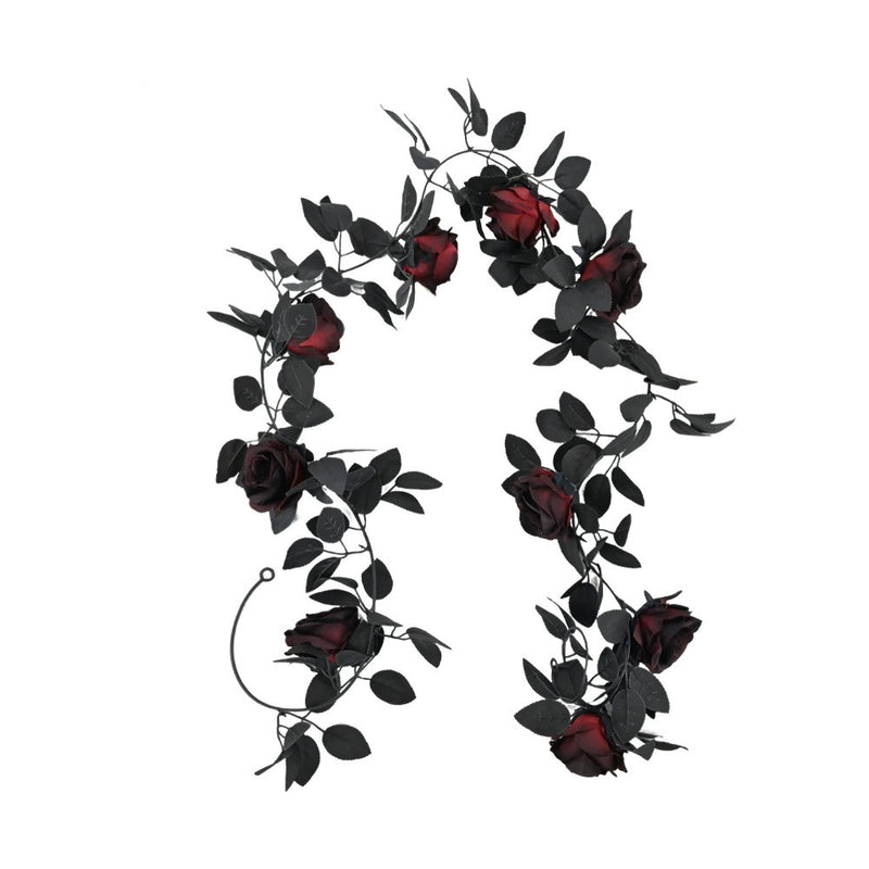 Moody Black Rose Garland, 79-Inch Gothic Floral Vine, Realistic Faux Flowers for Halloween Mantel, Dark Wedding Arch, Spooky Home Decor