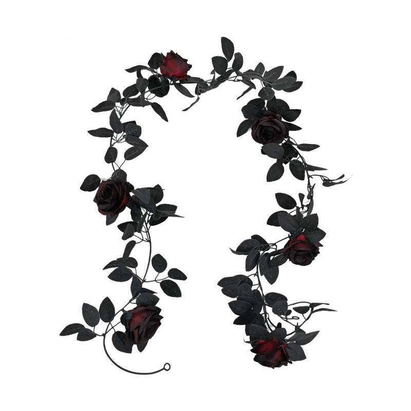 Moody Black Rose Garland, 79-Inch Gothic Floral Vine, Realistic Faux Flowers for Halloween Mantel, Dark Wedding Arch, Spooky Home Decor