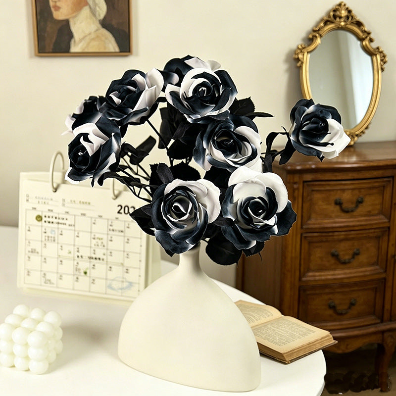Black & White Artificial Roses, 5 Stems 15", Gothic Faux Rose Bouquet for Halloween Decor, Moody Wedding Centerpieces, Dramatic Home Accents