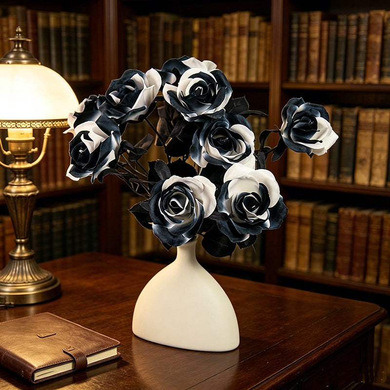 Black & White Artificial Roses, 5 Stems 15", Gothic Faux Rose Bouquet for Halloween Decor, Moody Wedding Centerpieces, Dramatic Home Accents