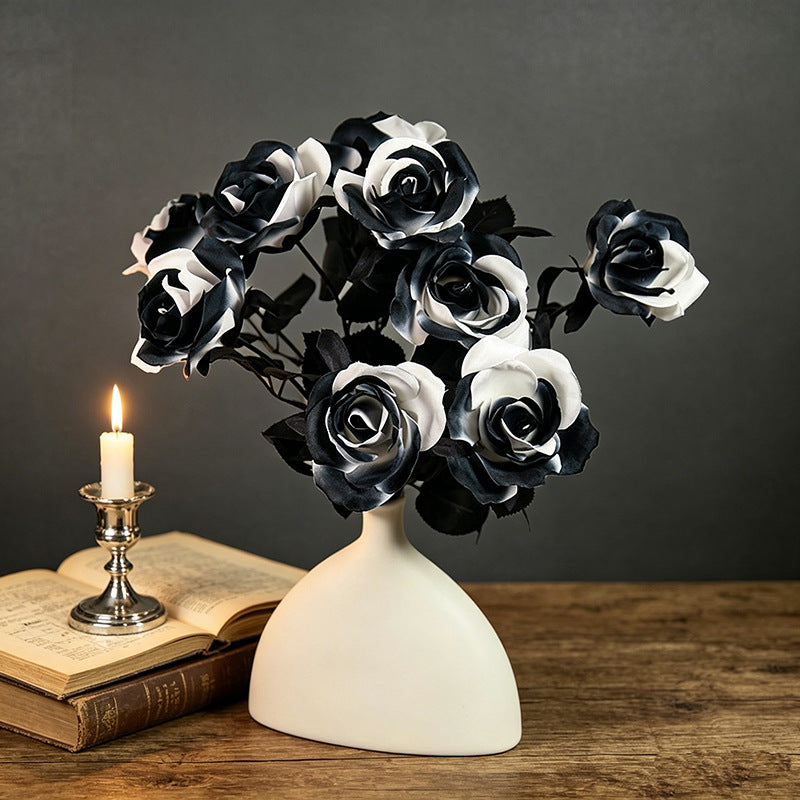 Black & White Artificial Roses, 5 Stems 15", Gothic Faux Rose Bouquet for Halloween Decor, Moody Wedding Centerpieces, Dramatic Home Accents
