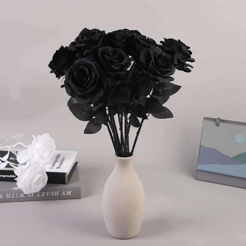 Faux Black Rose, 20" Long Stem Large Silk Roses for Gothic Wedding Bouquets, Moody Home Decor, Halloween Centerpieces, DIY Floral Arrangements