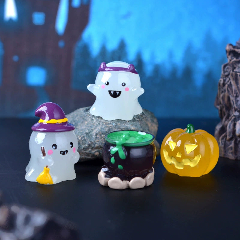 Glow in The Dark Halloween Miniatures, Set of 6 Ghost & Pumpkin Resin Figurines for Spooky DIY Crafts, Terrarium Decor, Weddings & Parties