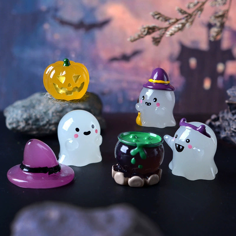 Glow in The Dark Halloween Miniatures, Set of 6 Ghost & Pumpkin Resin Figurines for Spooky DIY Crafts, Terrarium Decor, Weddings & Parties