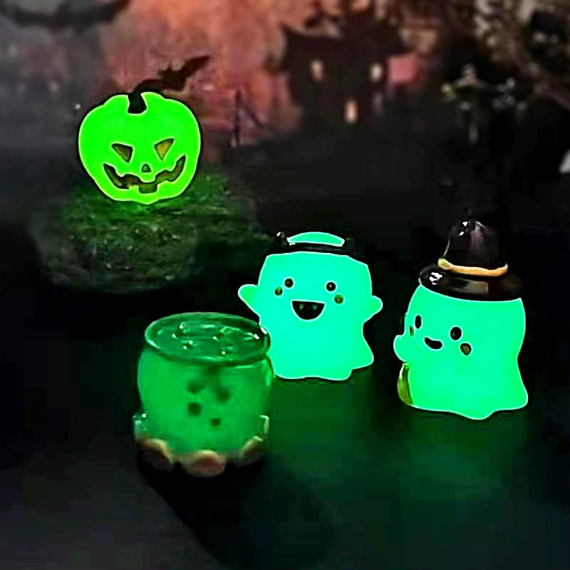 Glow in The Dark Halloween Miniatures, Set of 6 Ghost & Pumpkin Resin Figurines for Spooky DIY Crafts, Terrarium Decor, Weddings & Parties