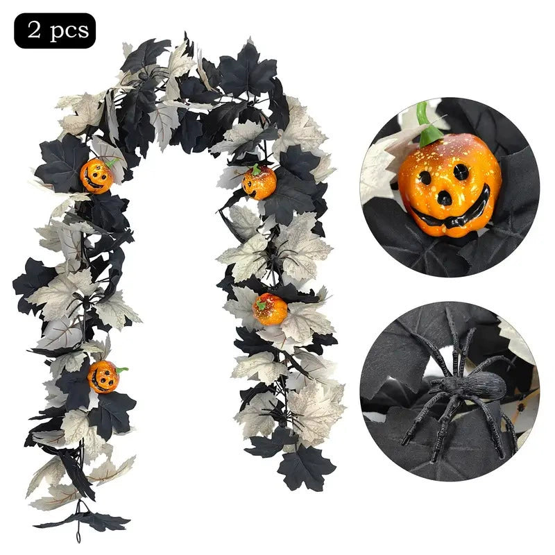 Halloween Garland 2-Pack, 79-Inch Realistic Pumpkin & Maple Leaf Vine, Spooky Jack-o'-Lantern Decor for Mantel, Thanksgiving & Fall Weddings
