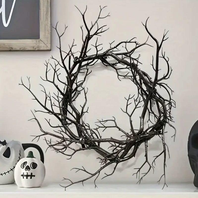 Spooky Black Twig Wreath, 17" Artificial Branch Wreath for Halloween Front Door, Gothic Wedding & Moody Home Decor, Sculptural Wall Art