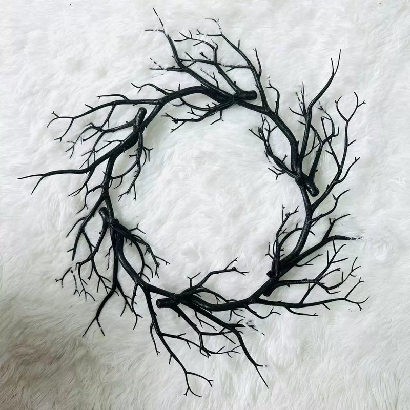 Spooky Black Twig Wreath, 17" Artificial Branch Wreath for Halloween Front Door, Gothic Wedding & Moody Home Decor, Sculptural Wall Art