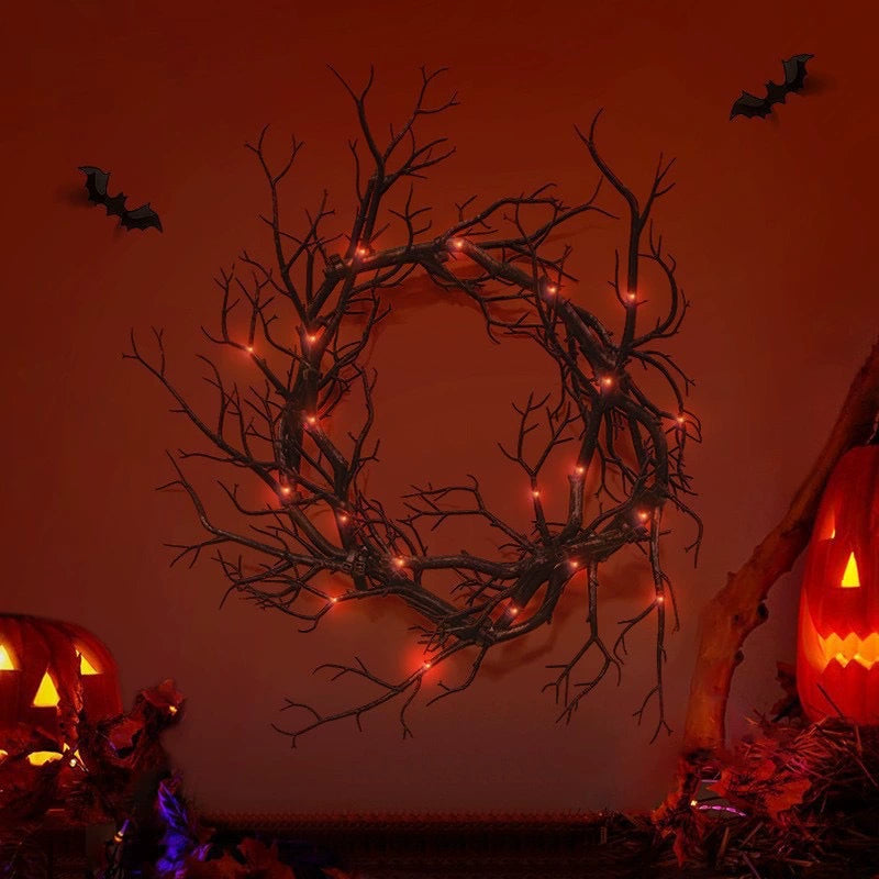 Spooky Black Twig Wreath, 17" Artificial Branch Wreath for Halloween Front Door, Gothic Wedding & Moody Home Decor, Sculptural Wall Art