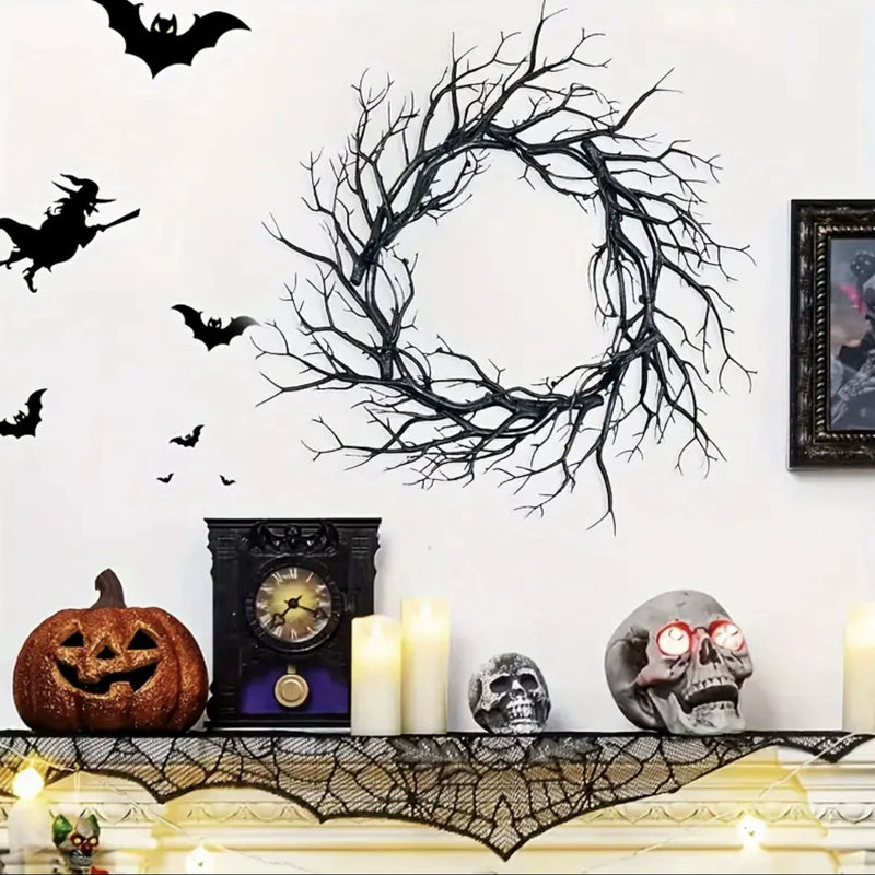 Spooky Black Twig Wreath, 17" Artificial Branch Wreath for Halloween Front Door, Gothic Wedding & Moody Home Decor, Sculptural Wall Art