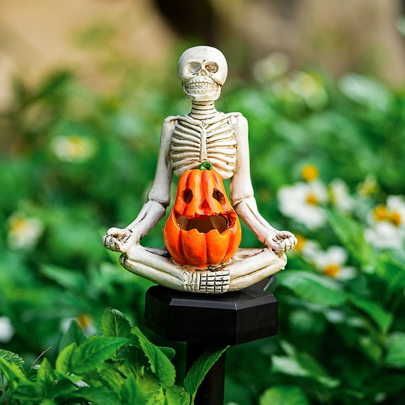 Spooky Solar Garden Stakes, 16" Jack O' Lantern & Skull Lights, Waterproof Resin Pathway Markers for Halloween Yard, Patio & Event Decor