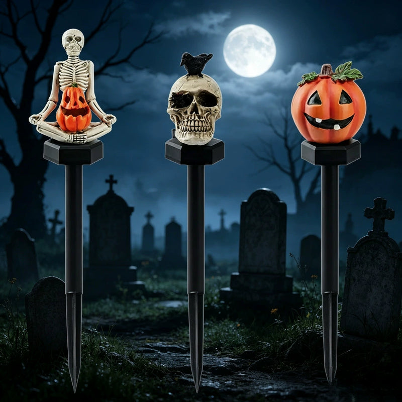 Spooky Solar Garden Stakes, 16" Jack O' Lantern & Skull Lights, Waterproof Resin Pathway Markers for Halloween Yard, Patio & Event Decor