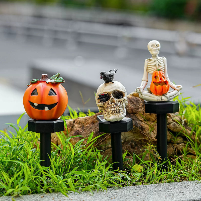 Spooky Solar Garden Stakes, 16" Jack O' Lantern & Skull Lights, Waterproof Resin Pathway Markers for Halloween Yard, Patio & Event Decor