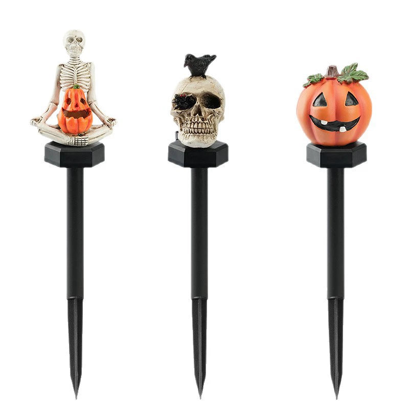 Spooky Solar Garden Stakes, 16" Jack O' Lantern & Skull Lights, Waterproof Resin Pathway Markers for Halloween Yard, Patio & Event Decor