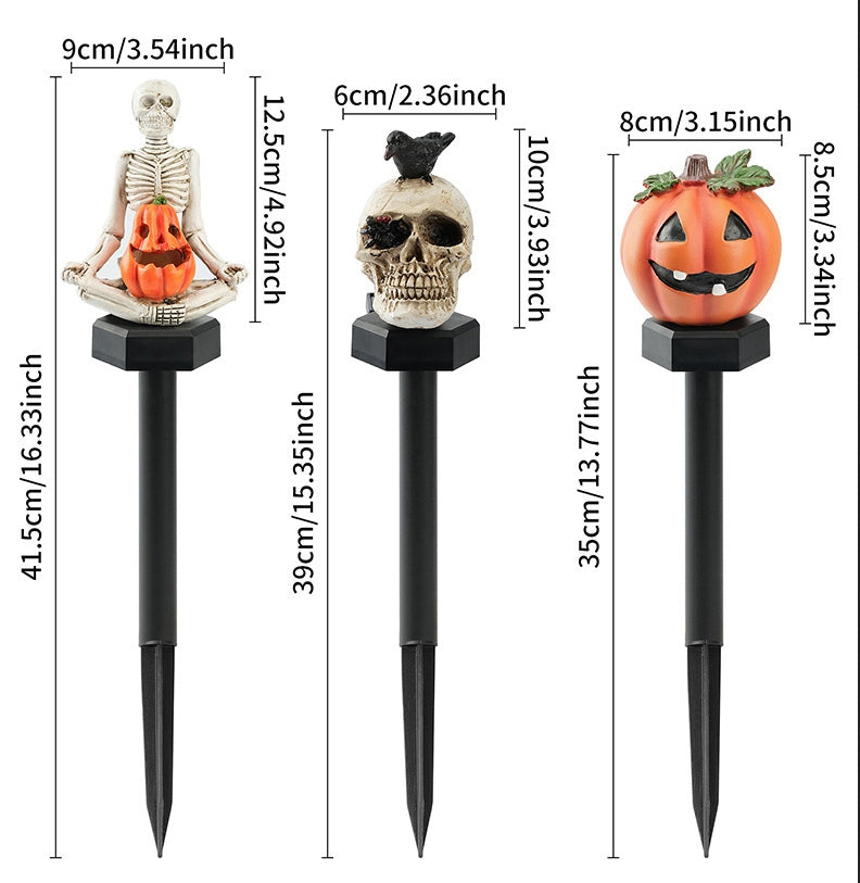 Spooky Solar Garden Stakes, 16" Jack O' Lantern & Skull Lights, Waterproof Resin Pathway Markers for Halloween Yard, Patio & Event Decor