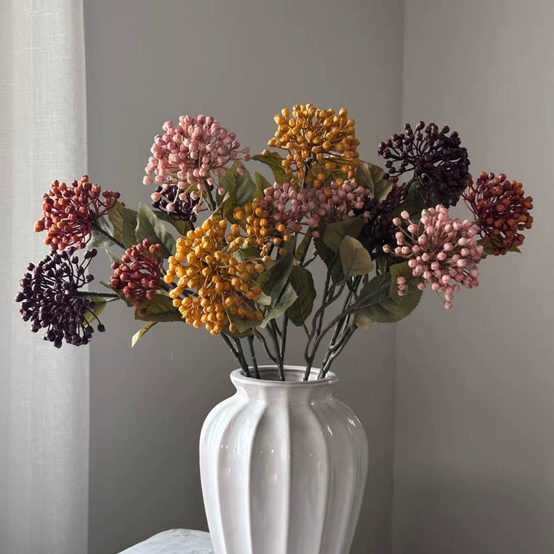 Autumn Color Hydrangea Faux Flowers with Blueberry Accents, 21" Real-Touch, Perfect for Home Decor, Weddings, Seasonal Arrangements