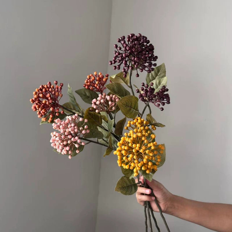 Autumn Color Hydrangea Faux Flowers with Blueberry Accents, 21" Real-Touch, Perfect for Home Decor, Weddings, Seasonal Arrangements