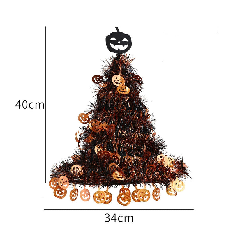 Sparkling Witch Hat Decoration, 16-inch Halloween Decor with Tinsel Garland, Orange & Silver, for Front Door, Porch, Mantle & Party Styling