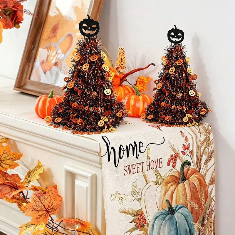 Sparkling Witch Hat Decoration, 16-inch Halloween Decor with Tinsel Garland, Orange & Silver, for Front Door, Porch, Mantle & Party Styling