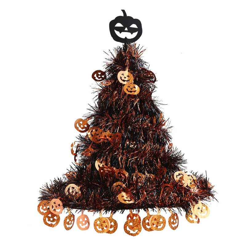 Sparkling Witch Hat Decoration, 16-inch Halloween Decor with Tinsel Garland, Orange & Silver, for Front Door, Porch, Mantle & Party Styling