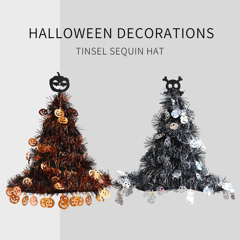 Sparkling Witch Hat Decoration, 16-inch Halloween Decor with Tinsel Garland, Orange & Silver, for Front Door, Porch, Mantle & Party Styling