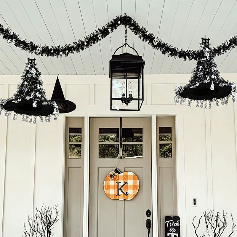 Sparkling Witch Hat Decoration, 16-inch Halloween Decor with Tinsel Garland, Orange & Silver, for Front Door, Porch, Mantle & Party Styling