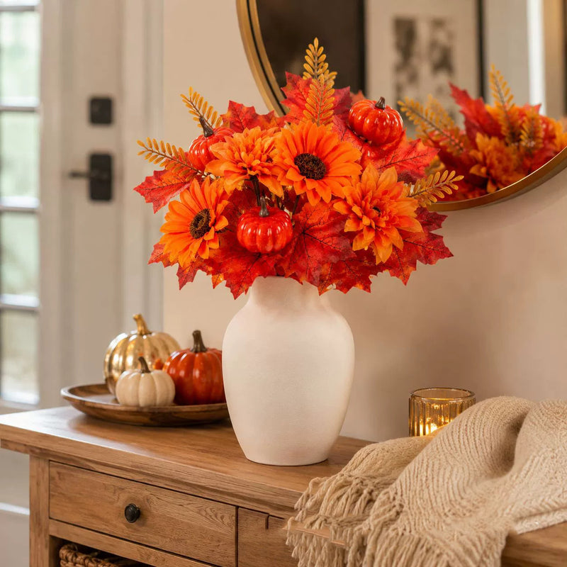 13" Artificial Pumpkin & Maple Leaf Pick, Realistic Fall Harvest Spray with Pinecones, Autumn Table Decor, Thanksgiving Centerpiece, DIY Wedding