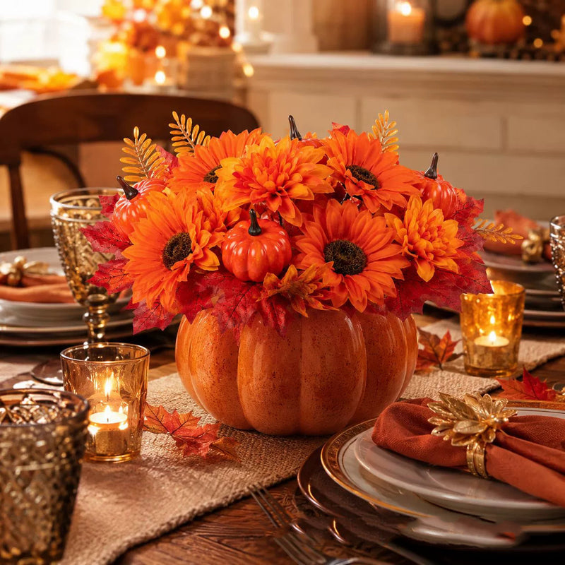 13" Artificial Pumpkin & Maple Leaf Pick, Realistic Fall Harvest Spray with Pinecones, Autumn Table Decor, Thanksgiving Centerpiece, DIY Wedding