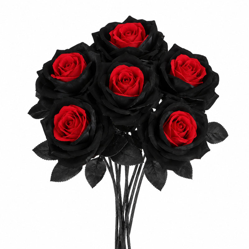Faux Black & Red Roses, 5-Stem Variety Pack of Realistic Long Stem Flowers, Gothic Halloween Decor, Moody Wedding Bouquet, Dark Home Accent