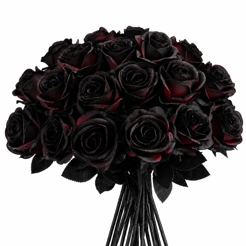 Faux Black & Red Roses, 5-Stem Variety Pack of Realistic Long Stem Flowers, Gothic Halloween Decor, Moody Wedding Bouquet, Dark Home Accent