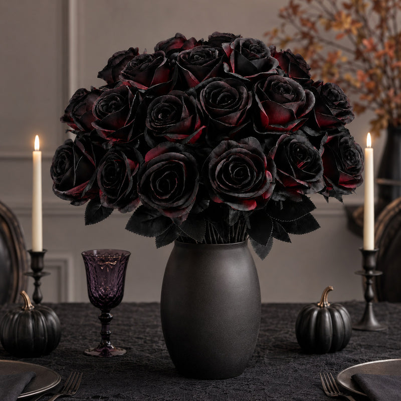 Faux Black & Red Roses, 5-Stem Variety Pack of Realistic Long Stem Flowers, Gothic Halloween Decor, Moody Wedding Bouquet, Dark Home Accent