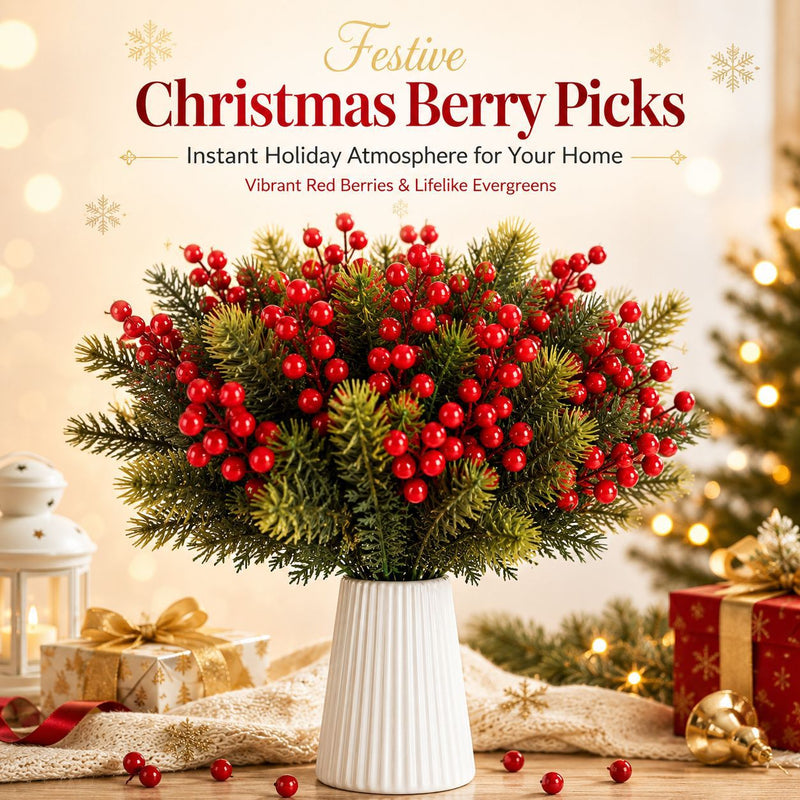 Lifelike Red Christmas Berry Stems, Set of 2, 12-14" Faux Holiday Picks for Festive Wreaths, DIY Wedding Centerpieces, and Winter Home Decor