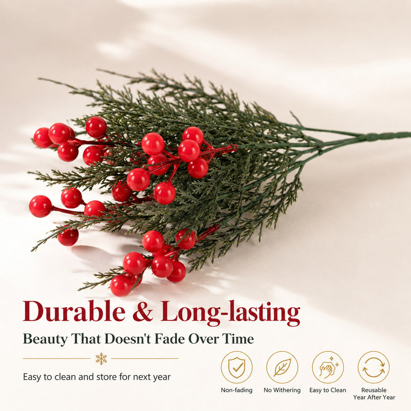 Lifelike Red Christmas Berry Stems, Set of 2, 12-14" Faux Holiday Picks for Festive Wreaths, DIY Wedding Centerpieces, and Winter Home Decor