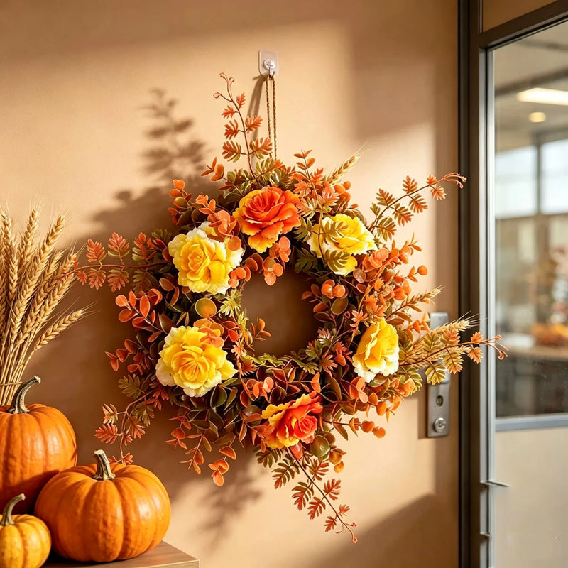 Fall Rose Eucalyptus Wreath 12" Real-Touch Floral Decor, Perfect for Home, Weddings, & Thanksgiving