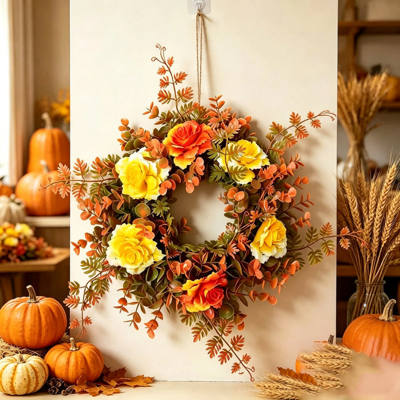 Fall Rose Eucalyptus Wreath 12" Real-Touch Floral Decor, Perfect for Home, Weddings, & Thanksgiving