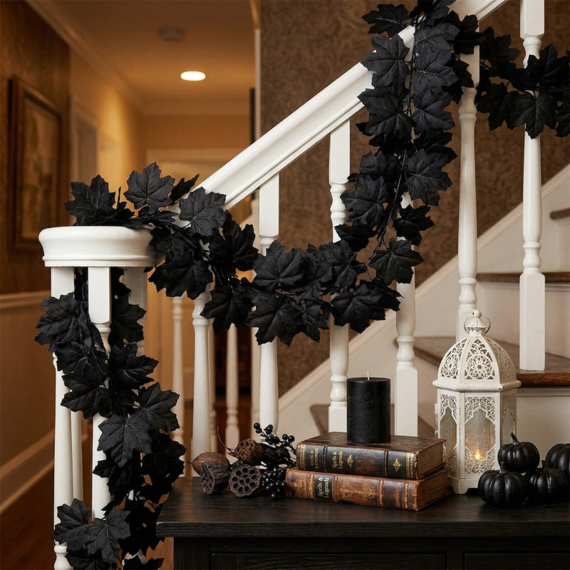 Black Maple Leaf Garland, 2-Pack Faux Hanging Vine, Moody & Realistic Artificial Leaves for Dramatic Halloween Decor, Gothic Wedding, Mantel & Home