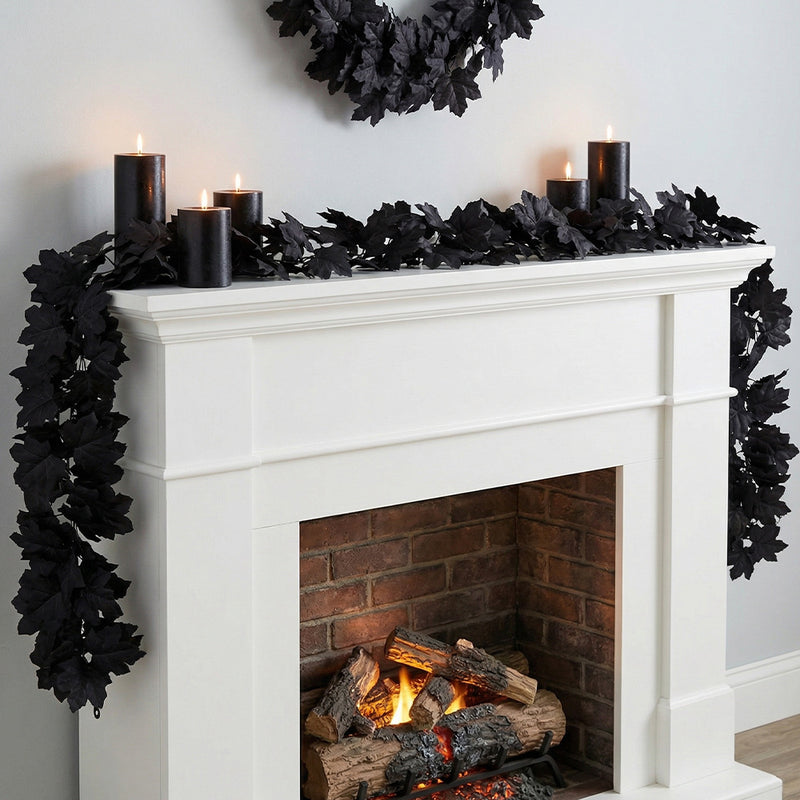 Black Maple Leaf Garland, 2-Pack Faux Hanging Vine, Moody & Realistic Artificial Leaves for Dramatic Halloween Decor, Gothic Wedding, Mantel & Home