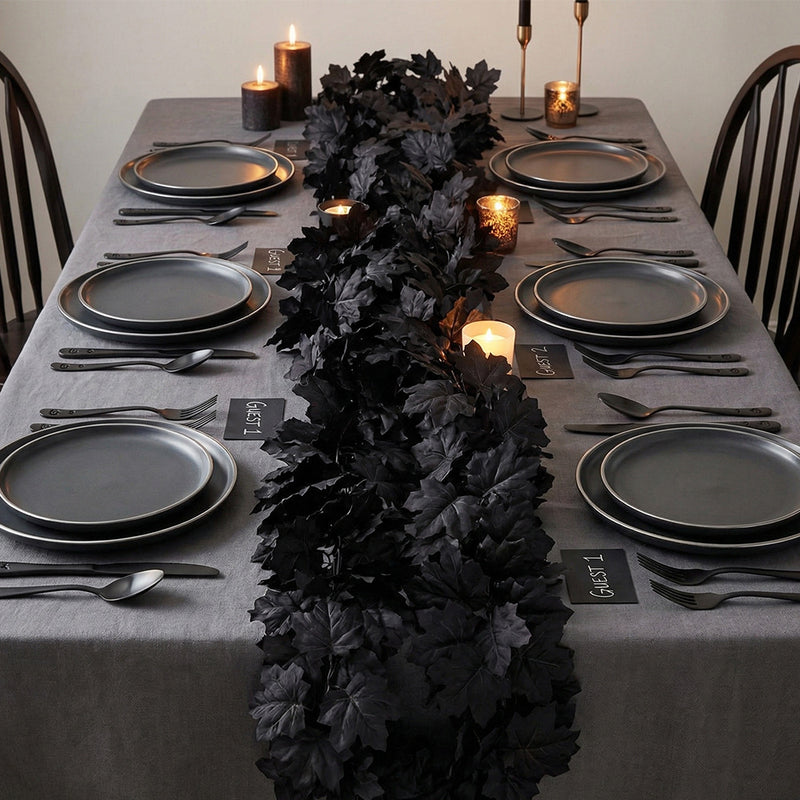 Black Maple Leaf Garland, 2-Pack Faux Hanging Vine, Moody & Realistic Artificial Leaves for Dramatic Halloween Decor, Gothic Wedding, Mantel & Home